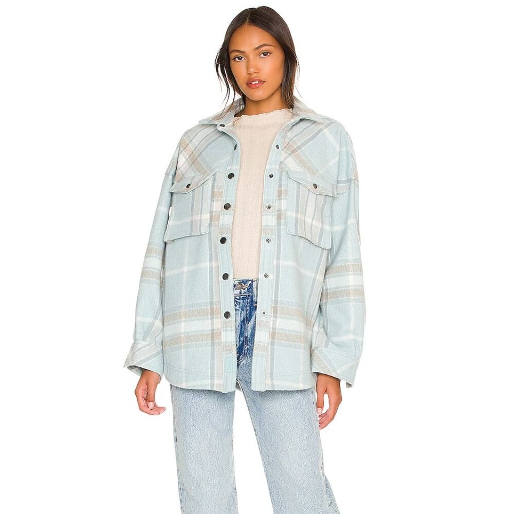 Free People Cabin Cozy Button Down Shirt Jacket in Seafoam to Plus Size